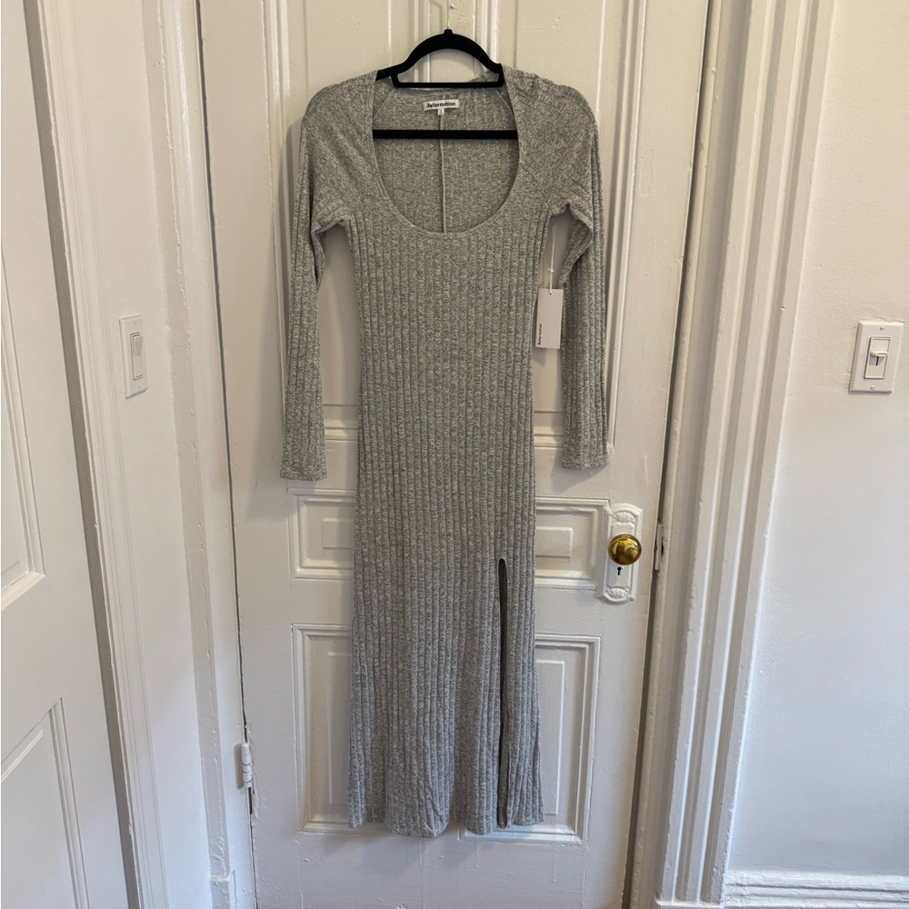 Reformation Gray Ribbed Knit Dress with Slit